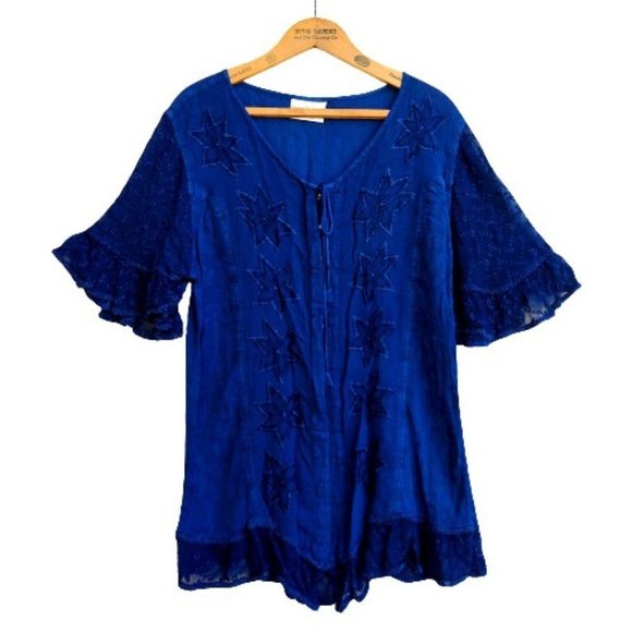 Holy Clothing Tops - Holy Clothing Rachelle Tunic Top Size XL 1X Blue Ruffle Embroidered Tassels